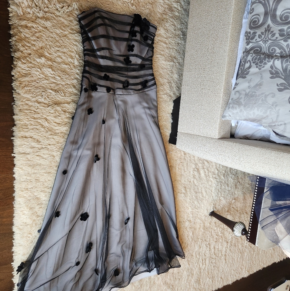 Kay Unger Black Mesh Dress with Velvet Flowers